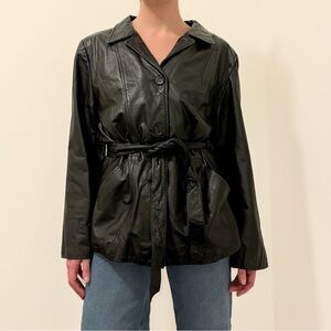 Vintage Genuine Leather Black Belted Jacket
